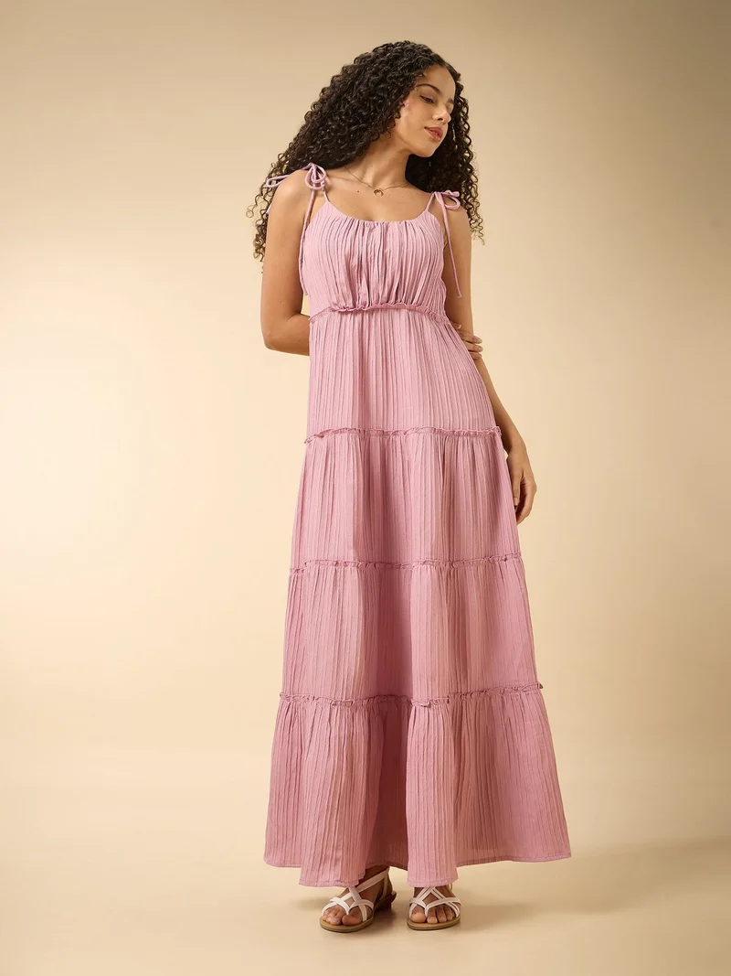 Outzidr  Pink Four Tired Flared Dress for Women | Best Price UAE